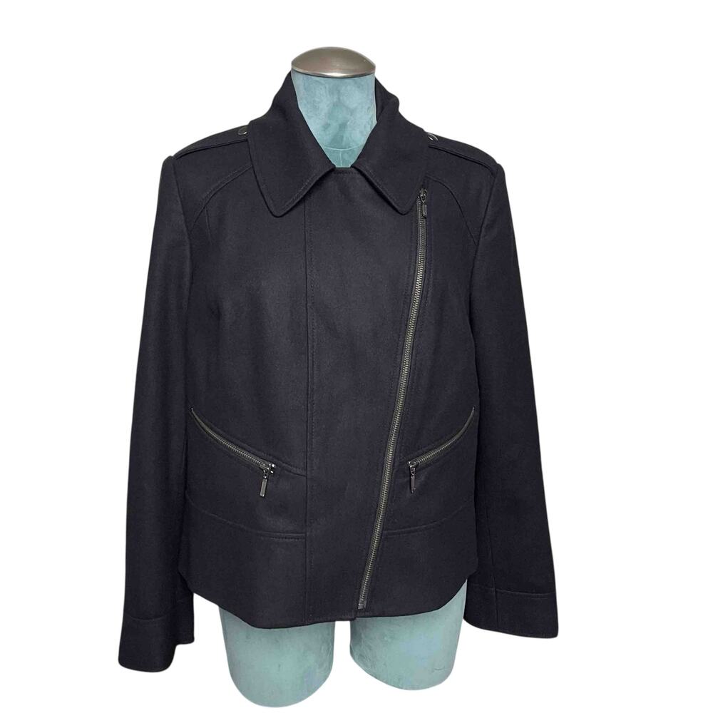 Halogen Black Wool Moto Jacket XL Petite Asymmetric Zip Long Sleeves Bikercore